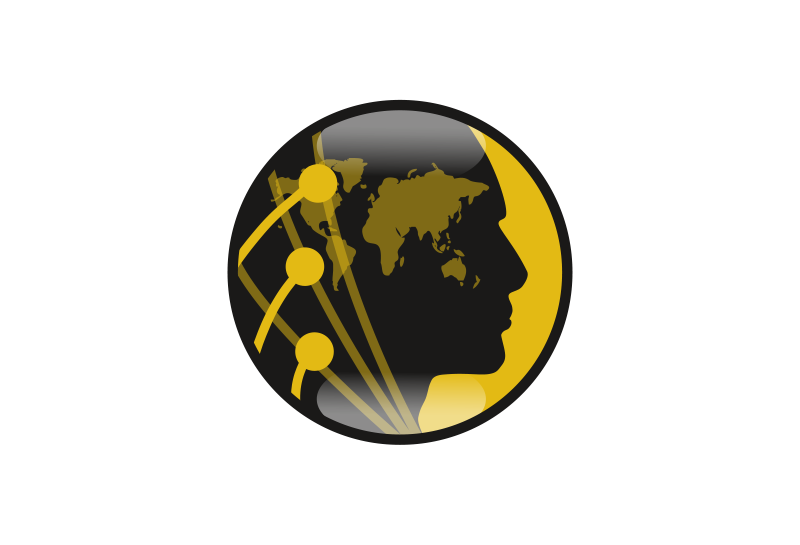ADRIDEN Global Inc. Logo bug form. Intelligence, Security, Investigation. Logo of Adriden Global Inc, featuring a stylized globe with interconnected lines the colors of white, yellow and black.